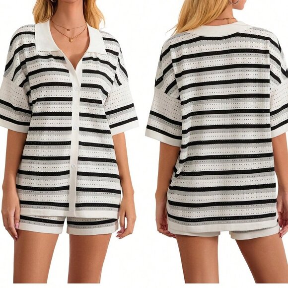 Black Casual Women's Stripe Contrast Button Crochet Knit Tops & Shorts Set - Picture 1 of 10